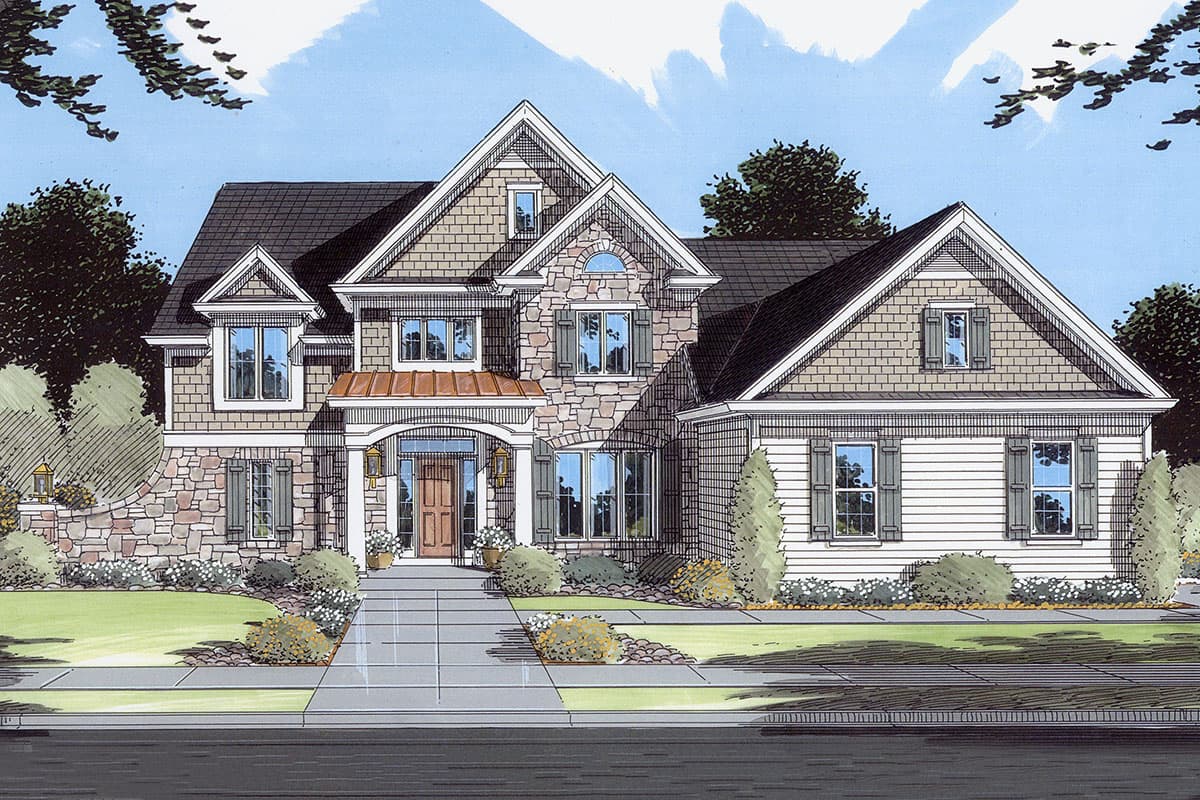 House plan exterior: Two-story home with stone and shingle siding, prominent gables, and arched entry.