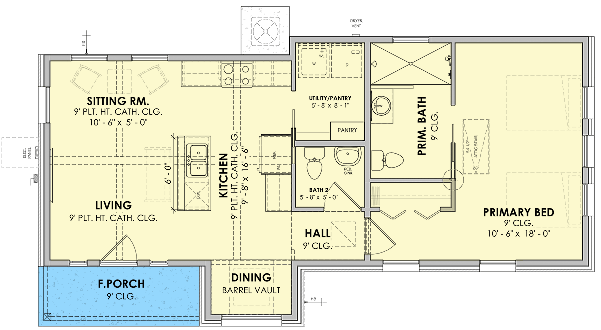 Plan 185046PHD: Charming One Bedroom Cottage House Plan with Open Living Concept - Floor Plan - Image #2 - Cottage, Ranch, Traditional