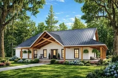 Modern Barndominium House Plan with 7 Bedrooms and Wraparound Porch