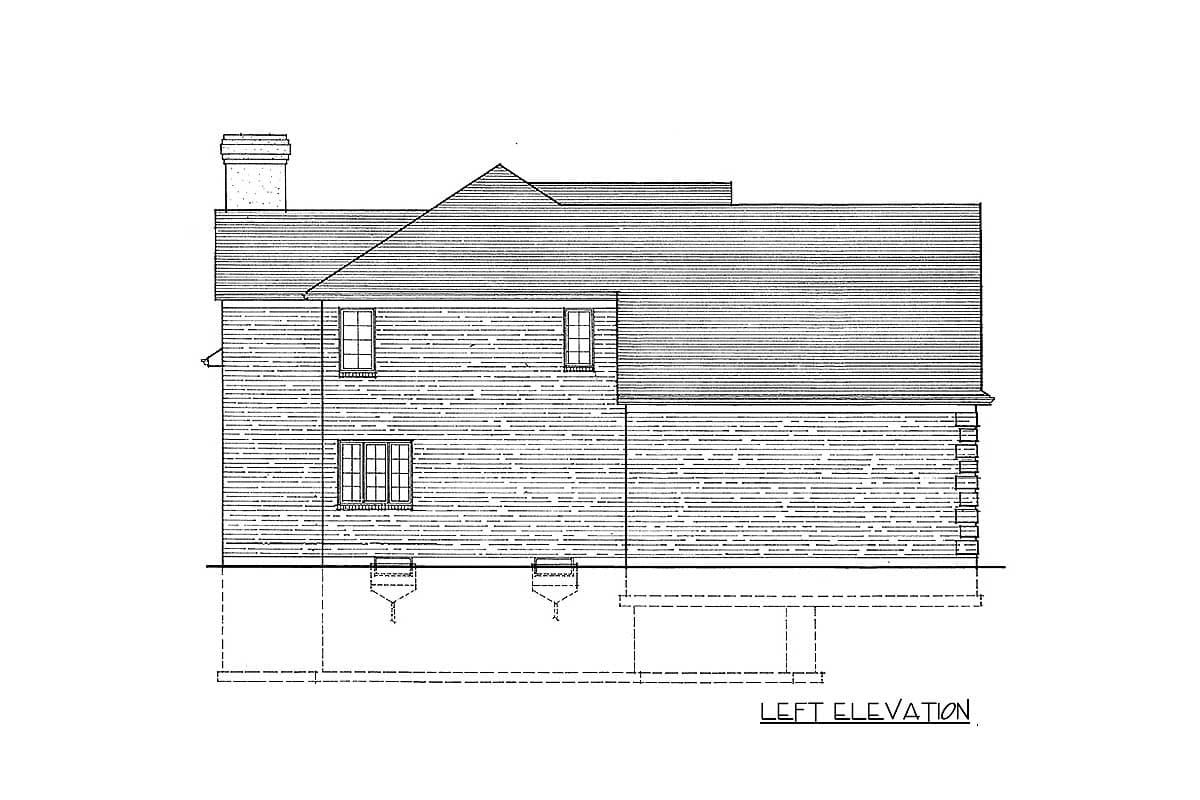 Left elevation house plan drawing showing a pitched roof, chimney, and multiple windows.