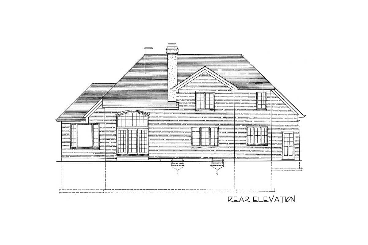 Rear elevation drawing of a house with multiple gables, a large arched window, French doors, and a chimney.