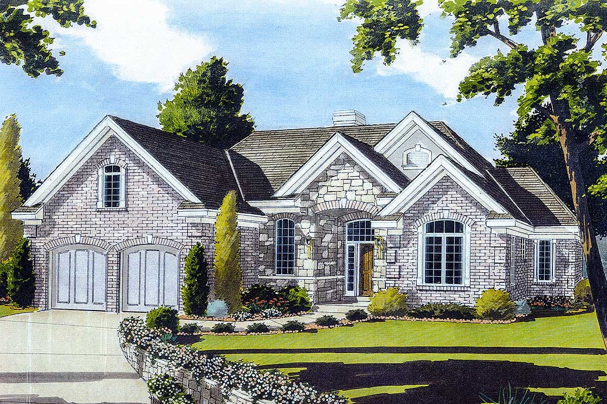 House plan exterior: Single-story home with stone and brick facade, arched windows, and a two-car garage.