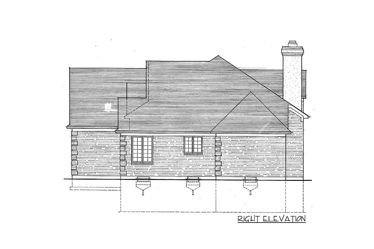 Right elevation house plan drawing showing a sloped roofline, a chimney, and two windows.