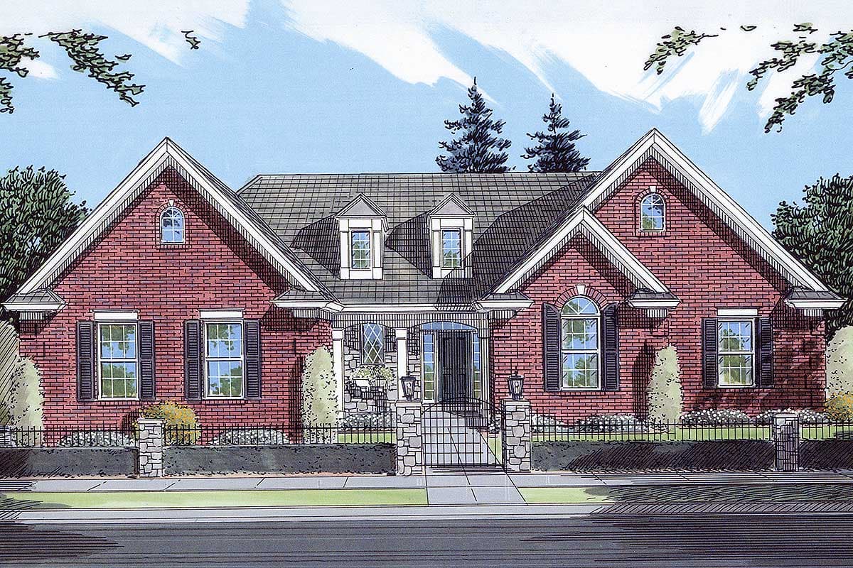 House plan exterior: One-story brick home with prominent gables, dormers, and an arched entry with decorative gate.