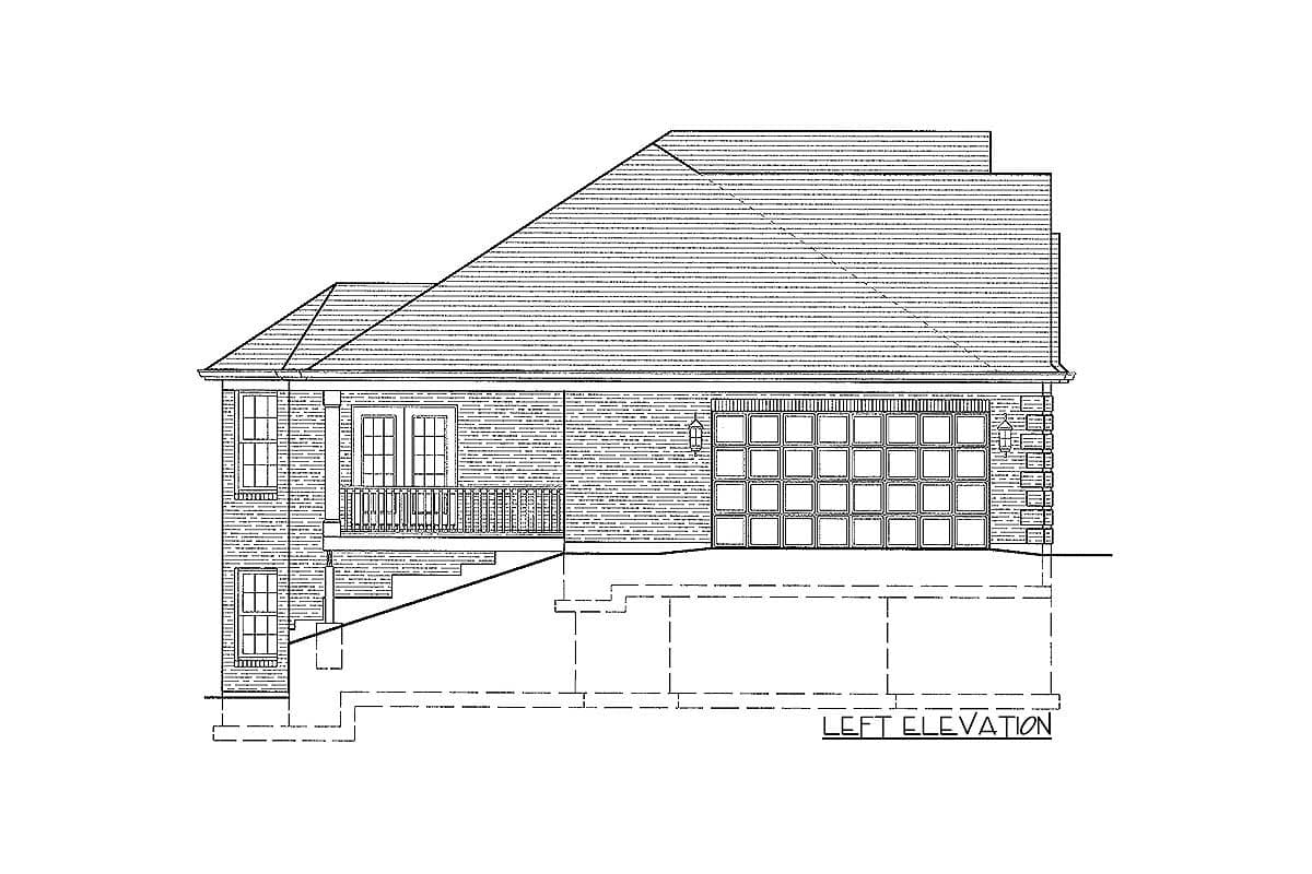 Left elevation drawing of house plan showing brick exterior, two-car garage with square panes, and a covered porch.