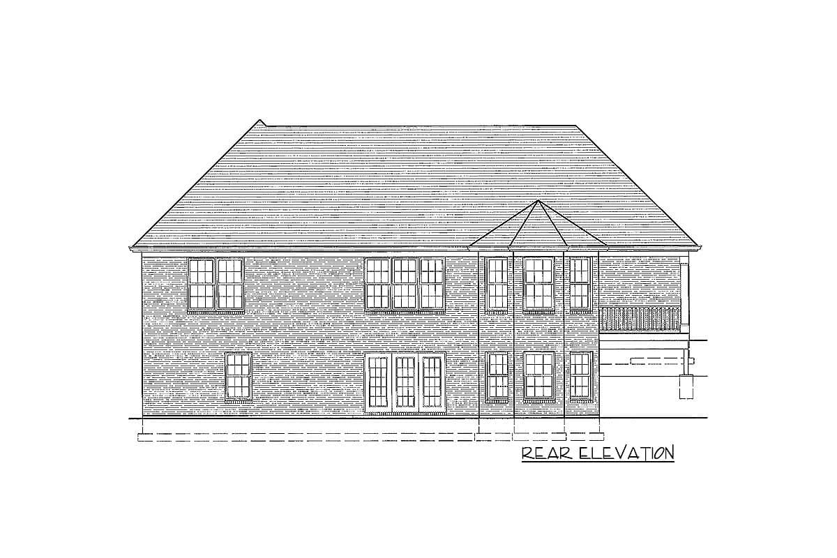Rear elevation drawing of a two-story house plan, showing paired windows, French doors, and a deck.