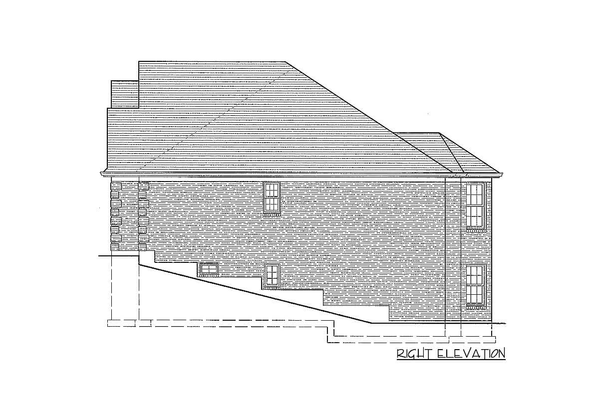 House plan right elevation drawing showing a sloped roof, brick facade, and several windows.