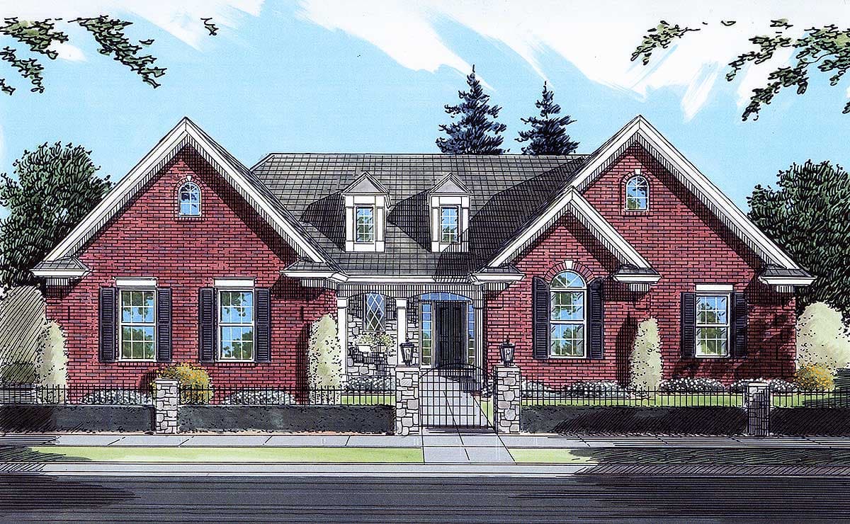 House plan exterior: Traditional brick ranch with a covered front porch, three gables, and dormer windows.