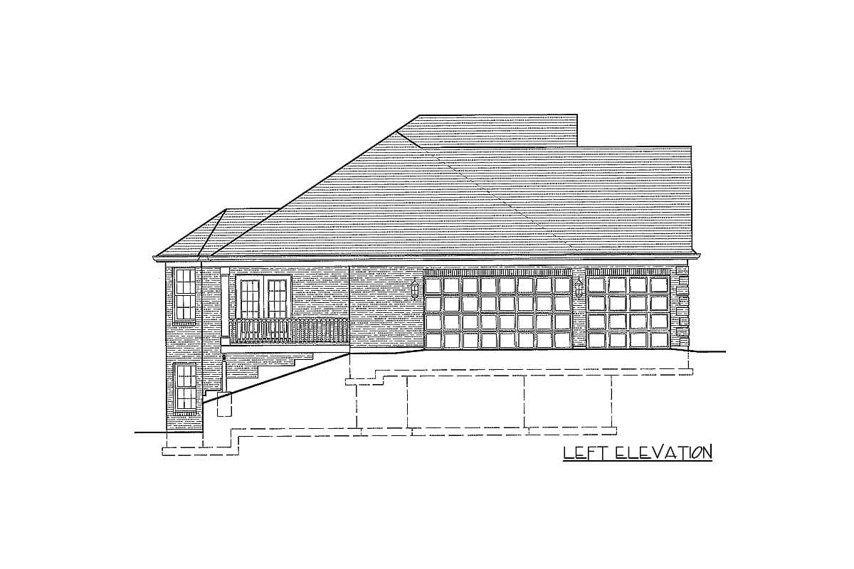 Left elevation drawing of a house plan with a raised porch, double doors, and a three-car garage.