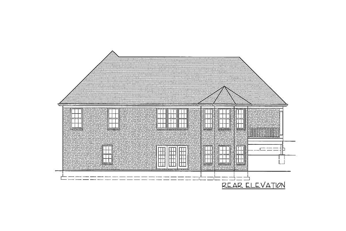 Rear elevation drawing of a two-story house plan with a prominent hip roof, multiple windows, and a covered rear porch.