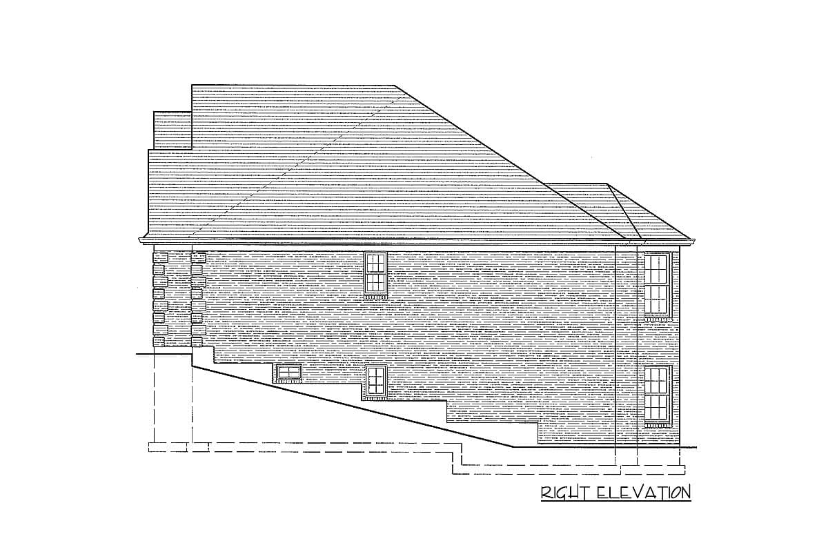 Right elevation drawing of a house plan featuring brick siding, multiple gables, and varied window styles.