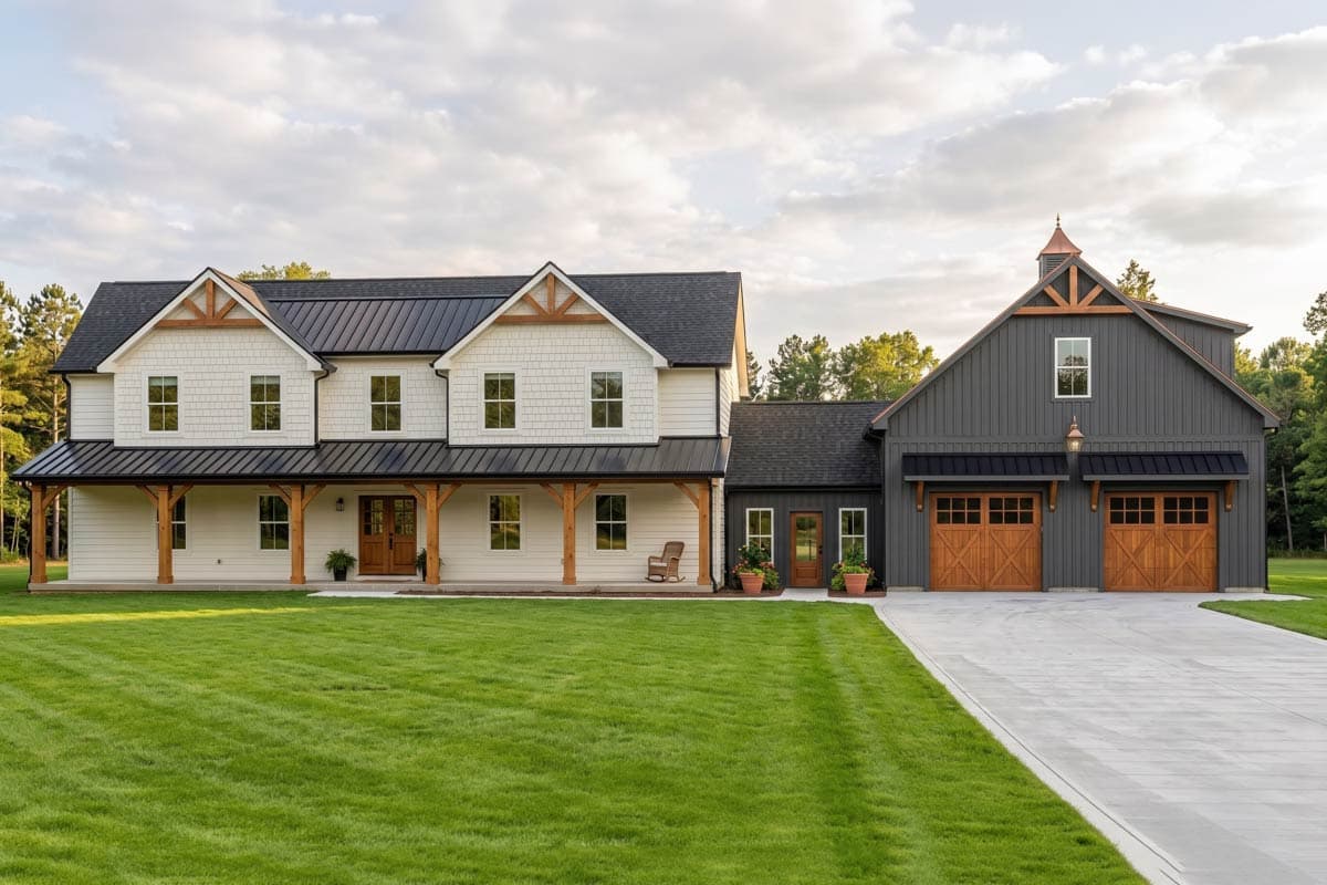 Modern Farmhouse style house plan exterior, two stories, white siding, gabled dormers, full-length porch with wooden posts, attached dark gray garage.