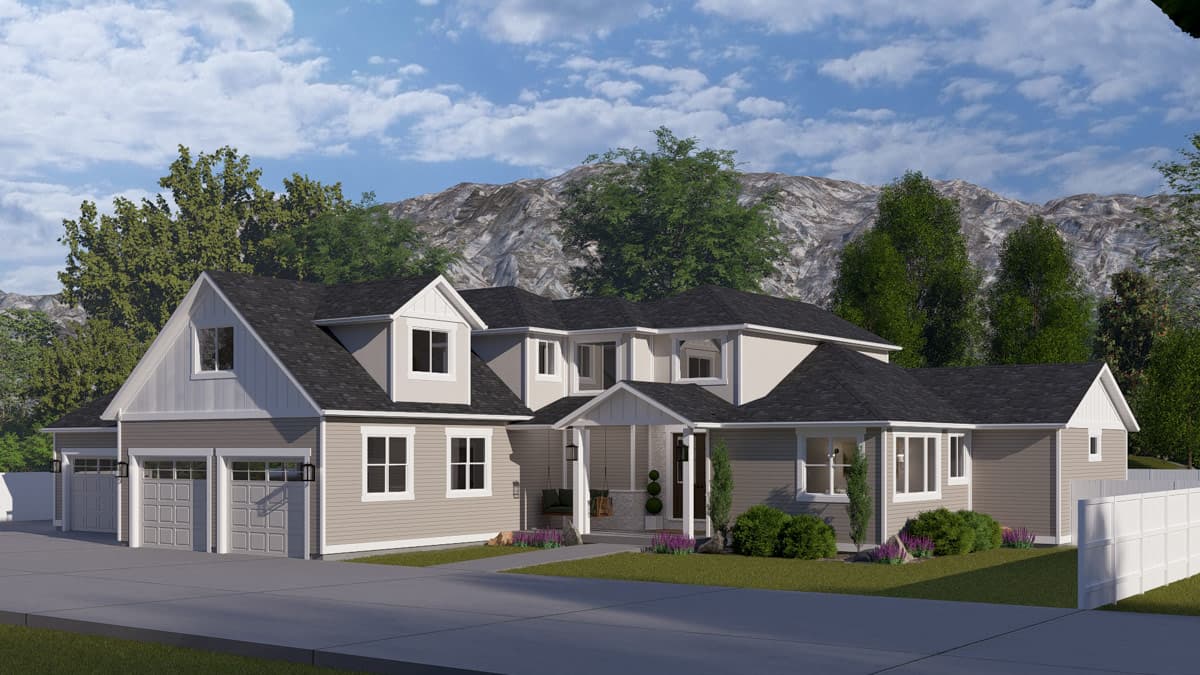 Plan 61758UT: Traditional Farmhouse House Plan with 3 Bedrooms and Massive 6-Car Tandem Garage - Image #3 - Craftsman, Farmhouse, Traditional