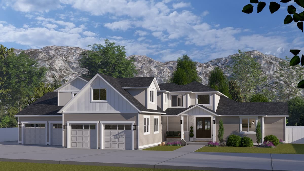 Plan 61758UT: Traditional Farmhouse House Plan with 3 Bedrooms and Massive 6-Car Tandem Garage - Image #2 - Craftsman, Farmhouse, Traditional
