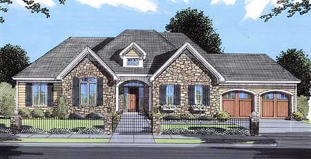 House plan exterior with stone facade, arched entry, dormer, and a two-car garage with arched doors.