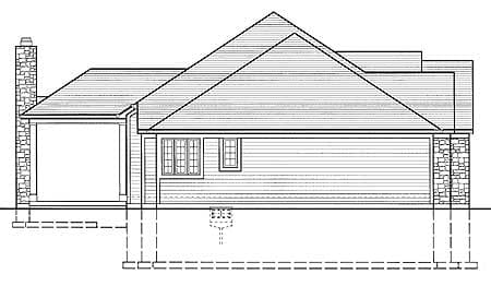 House plan exterior elevation drawing shows a single-story home with a prominent roofline, covered porch, and stone chimney.