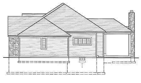 House plan side elevation drawing showing a single-story structure with a gabled roof, stone accents, and attached garage.