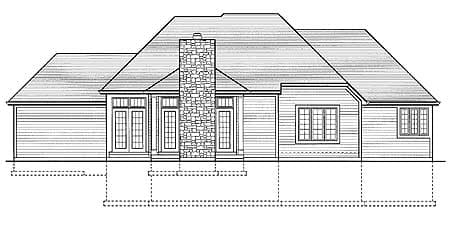 House plan exterior drawing showing a single-story residence with a prominent stone chimney, double doors, and multiple windows.
