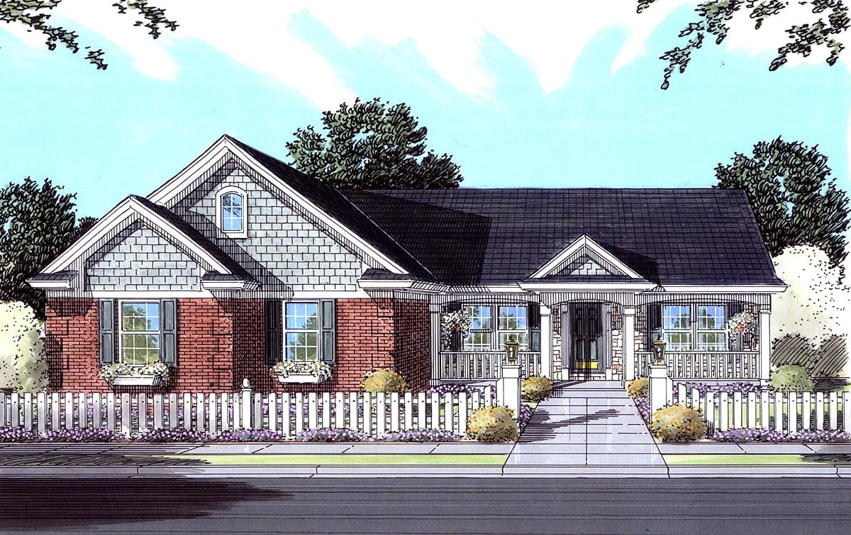 House plan exterior: One-story dwelling with brick and shingle siding, covered front porch, gabled dormer, and picket fence.
