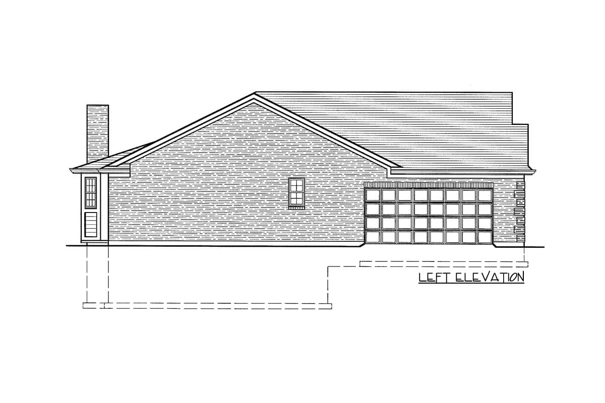 Left elevation drawing of a house plan showing a pitched roof, chimney, window, and multi-pane garage door.