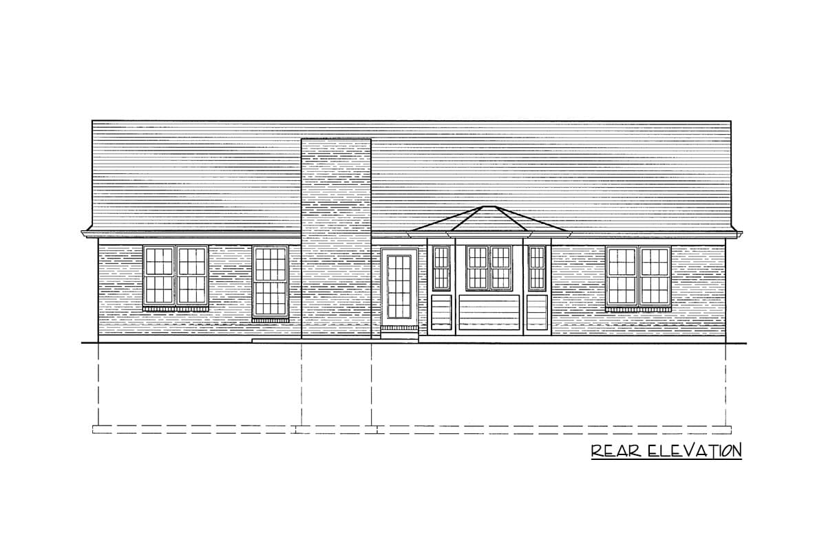 Rear elevation drawing of a house plan featuring a prominent chimney, a central door, and multiple windows.
