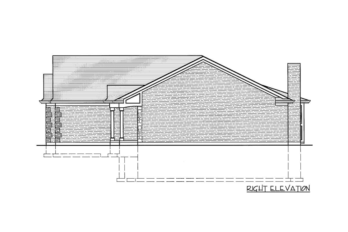 Right elevation of a house plan featuring brick veneer, a covered porch with columns, and a prominent chimney.