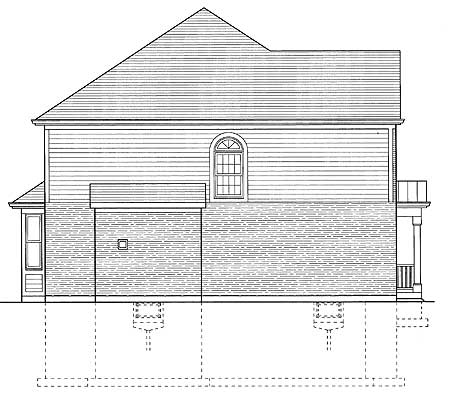 House plan elevation drawing, right side view. Features siding, brick, arched window, and a covered porch.