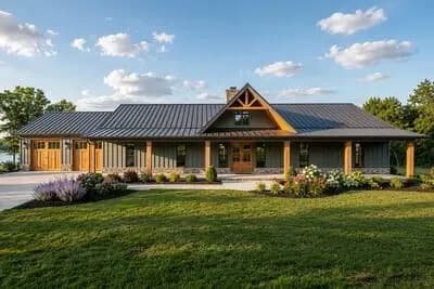 Spacious Five Bedroom Barndominium Farmhouse House Plan with Attached Two-Car Garage