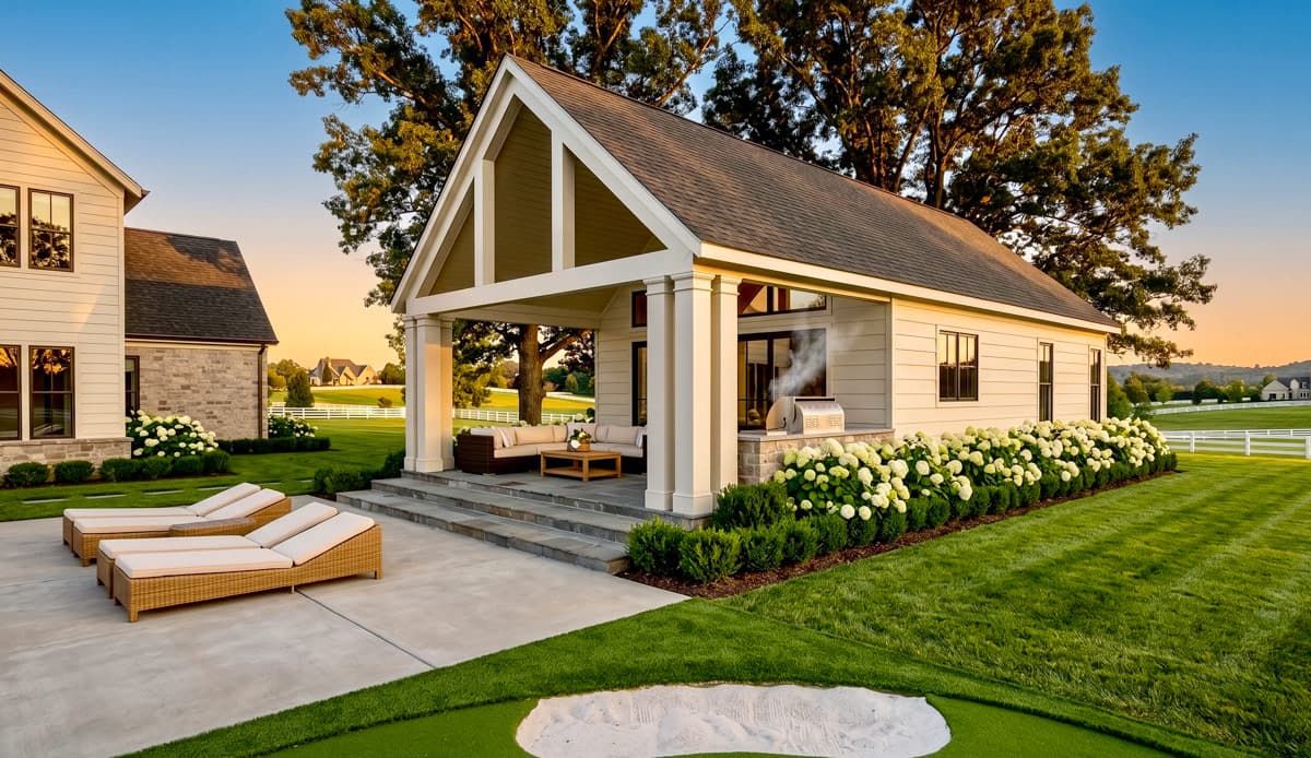 Modern Farmhouse house plan exterior with covered patio, outdoor kitchen, and two-story main house visible.