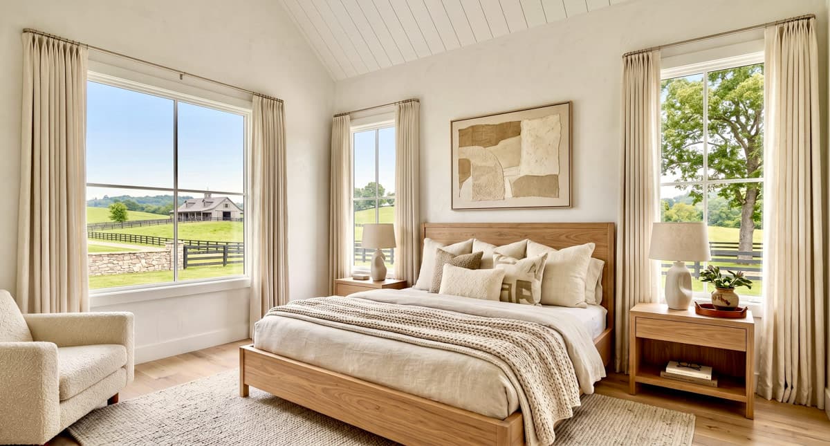 Bedroom interior with vaulted ceiling, large windows with pastoral view, and wood furniture.