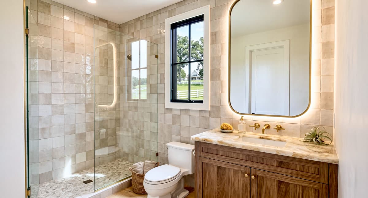Bathroom with tiled shower, toilet, vanity with stone countertop, and backlit mirror. Window overlooks a rural landscape.