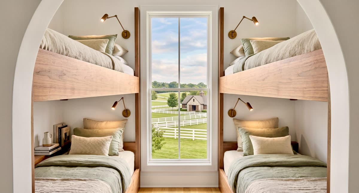 Interior view of a bedroom with built-in wooden bunk beds and a window overlooking a farm landscape.