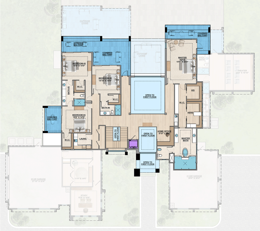 Plan 65760BS: Luxury Coastal Modern House Plan with 6 Bedrooms and Elevator - Floor Plan - 2nd Level - Coastal, Contemporary, Florida-Style, Modern