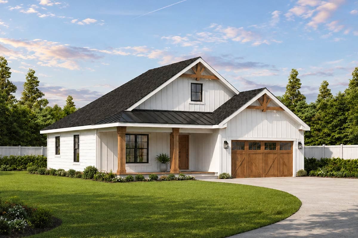 Modern Farmhouse house plan exterior with a gable roof, wood-trimmed porch, and a two-car garage with wood doors.