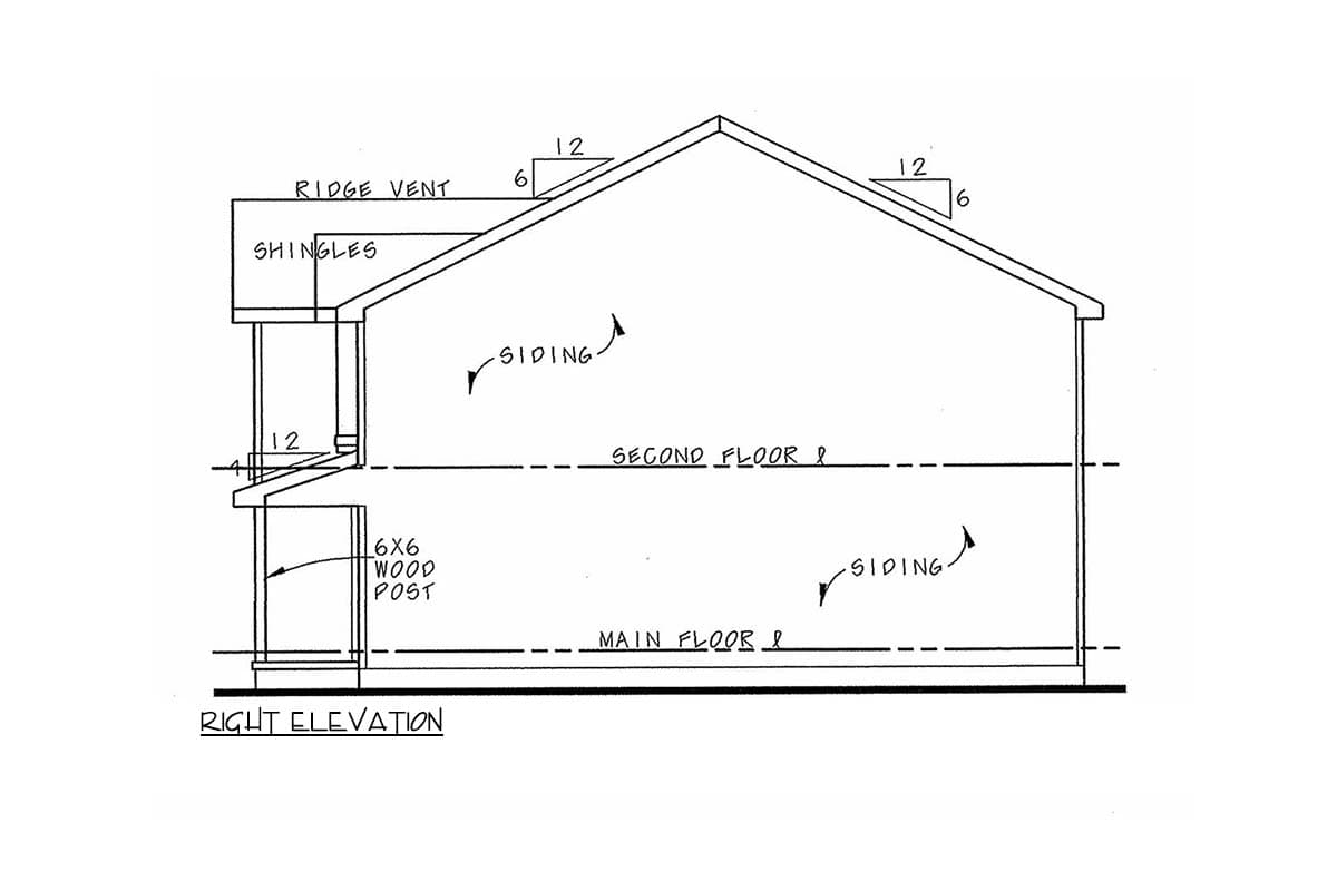 Right elevation drawing of a two-story house plan, showing siding, shingles, ridge vent, and 6x6 wood posts.