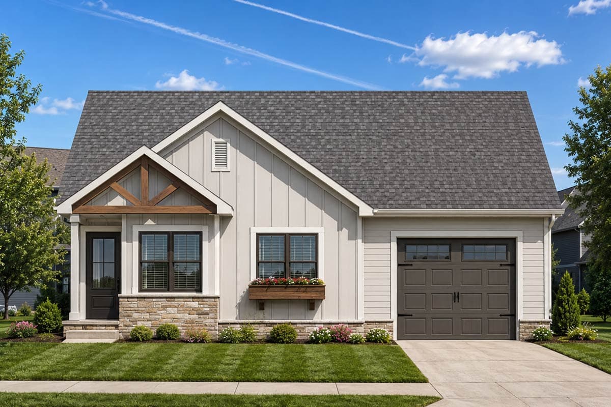 Plan image - 42763DB:Three Bedroom Cottage House Plan with One Car Garage