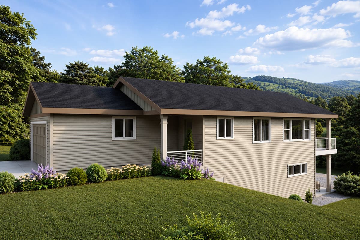 House plan exterior of a two-story home with vinyl siding, gabled roof, attached garage, and a deck.