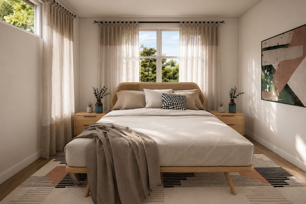 Bedroom with a bed, nightstands, large window, and abstract art on the wall.