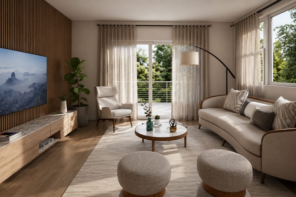 Living room with wall paneling, media console, curved sofa, armchair, and sliding glass doors to balcony.