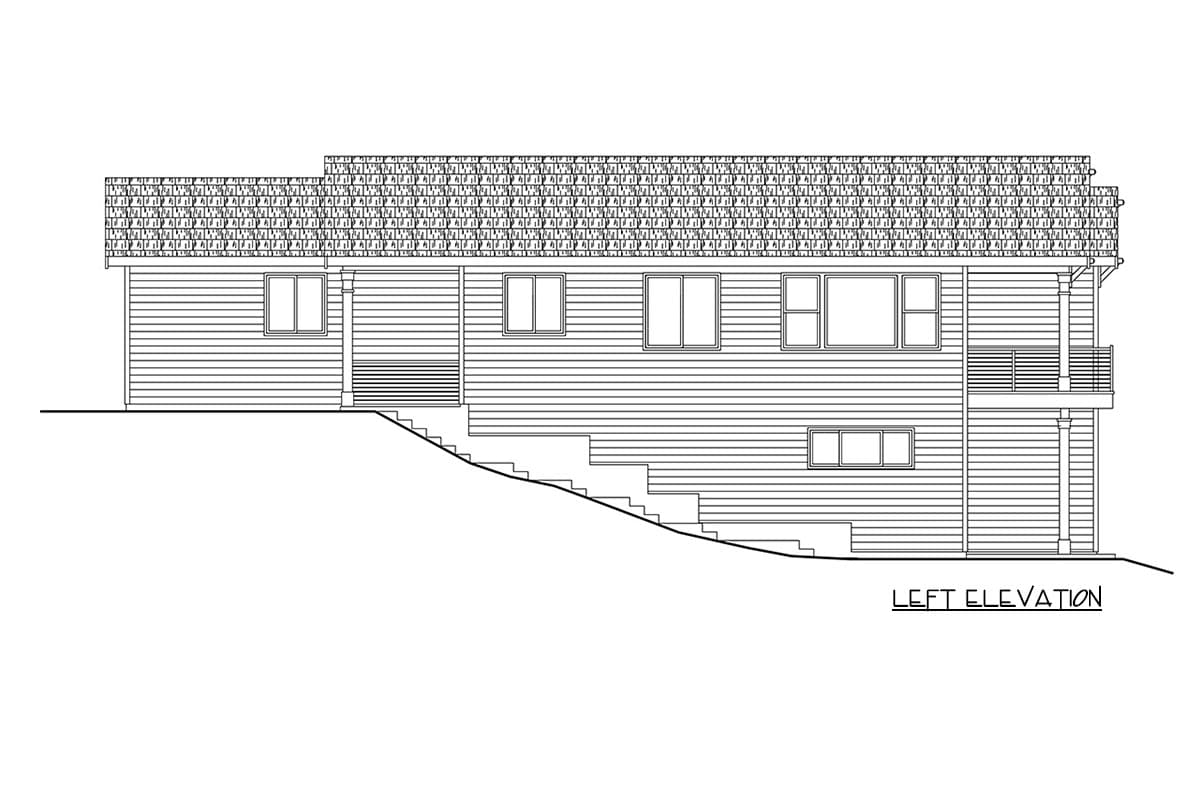 Left elevation drawing of a house plan with horizontal siding, multiple windows, and a stepped foundation.