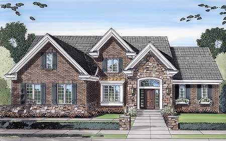 House plan exterior featuring brick and stone facade, multiple gables, arched entryway with double doors, and prominent rooflines.