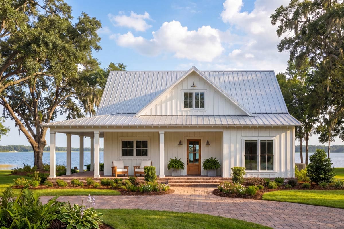 Modern Farmhouse house plan exterior with a prominent gabled dormer, wraparound porch, and metal roof.