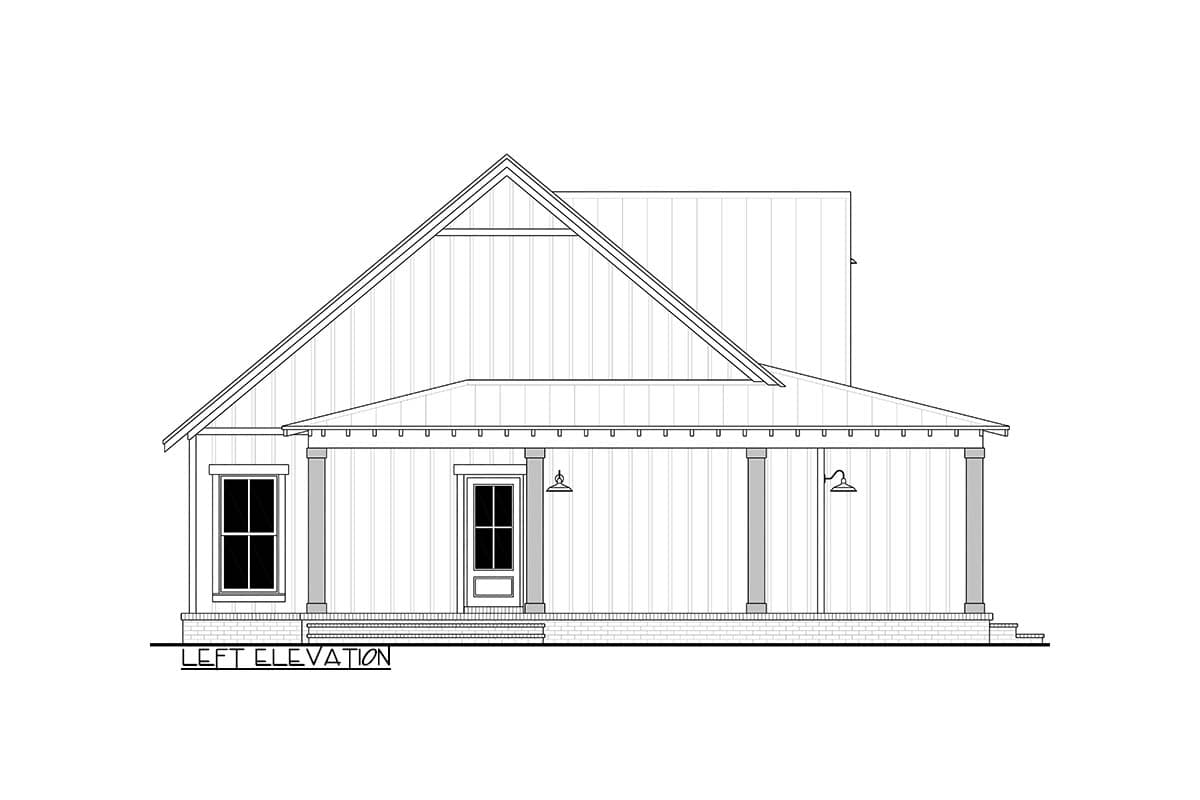 Left elevation house plan with a gabled roof, covered porch with columns, and a single window.