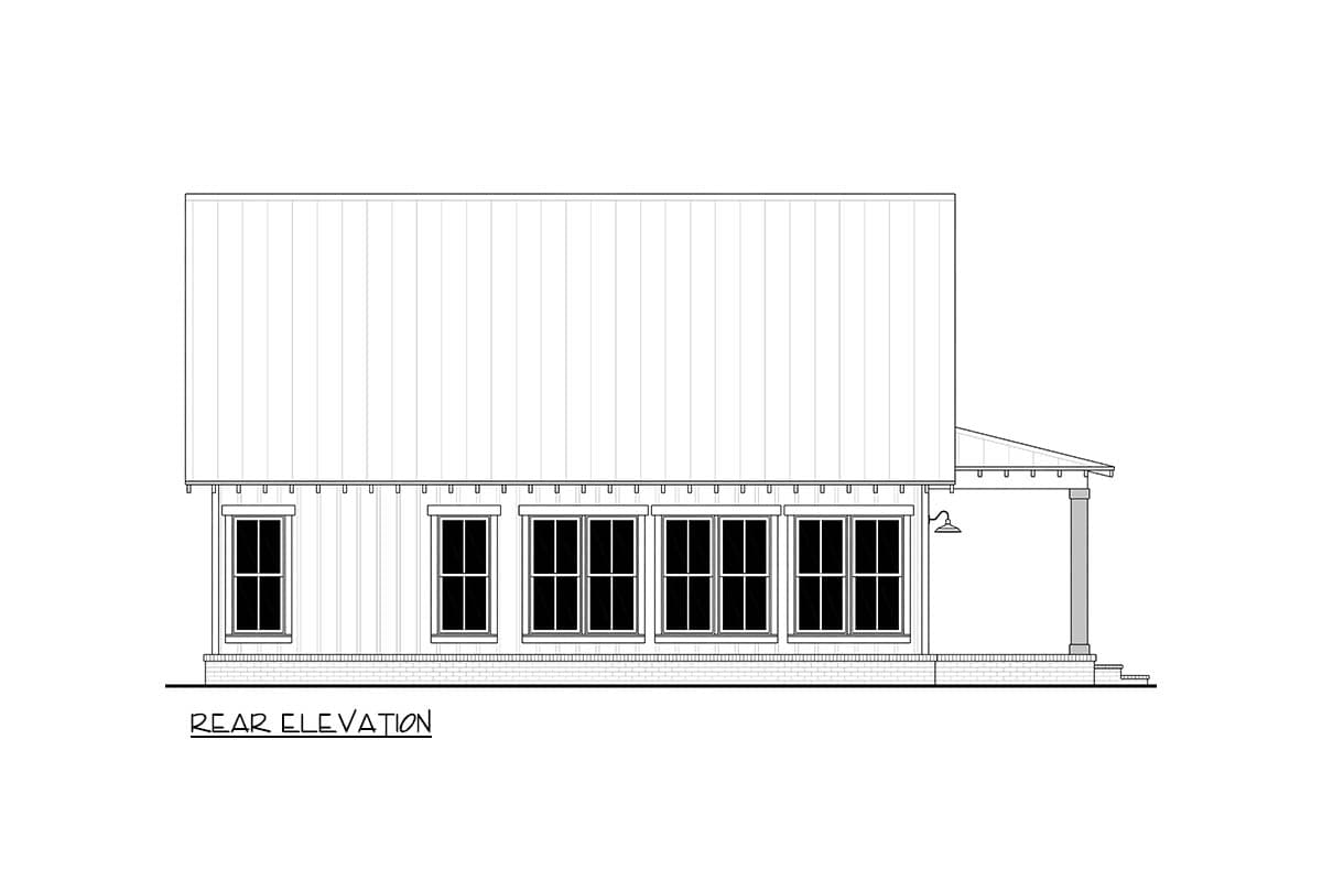 Rear elevation drawing of a house plan featuring a metal roof, vertical siding, multiple windows, and a covered porch with a column.