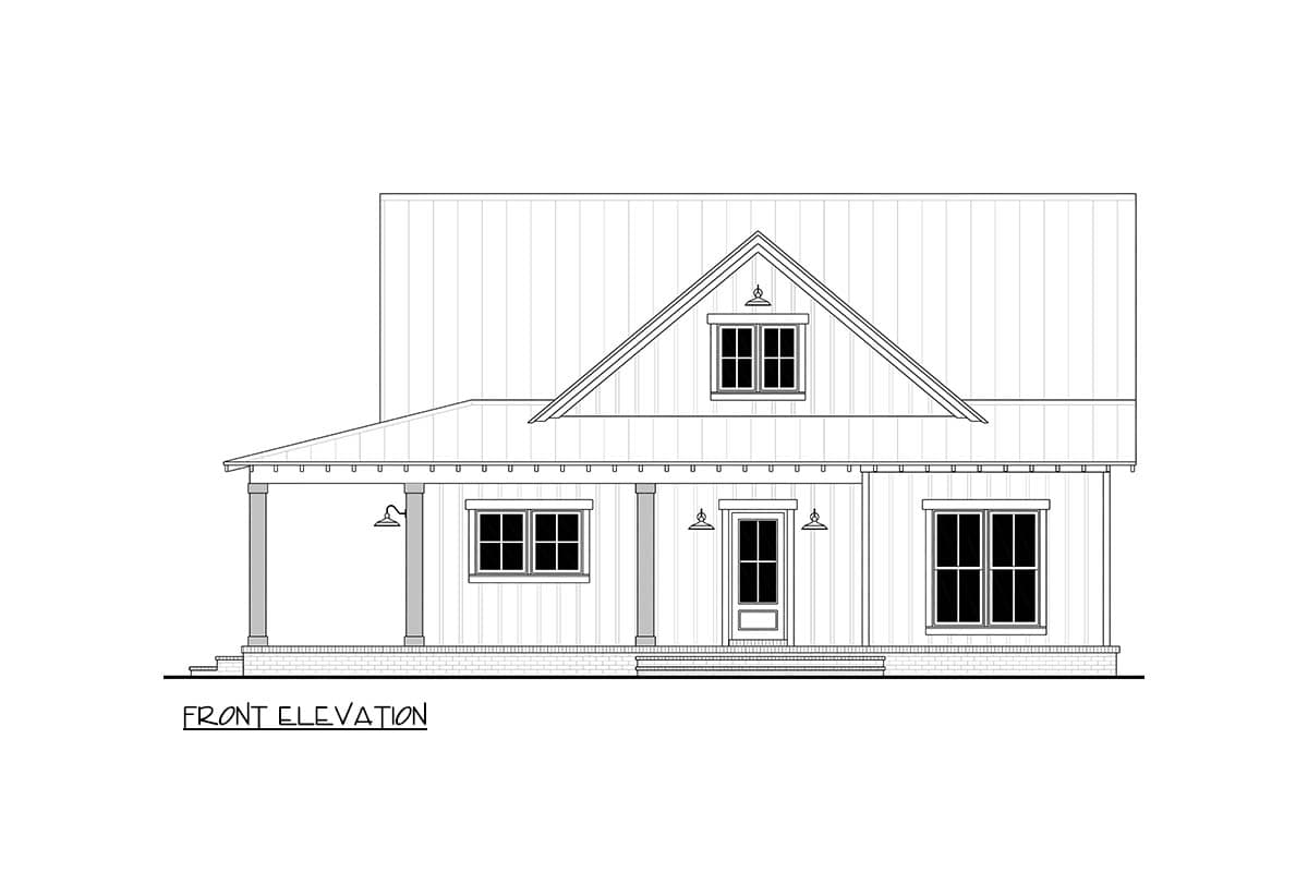 Front elevation drawing of a house plan with a gabled dormer, a wraparound porch, and multiple windows.