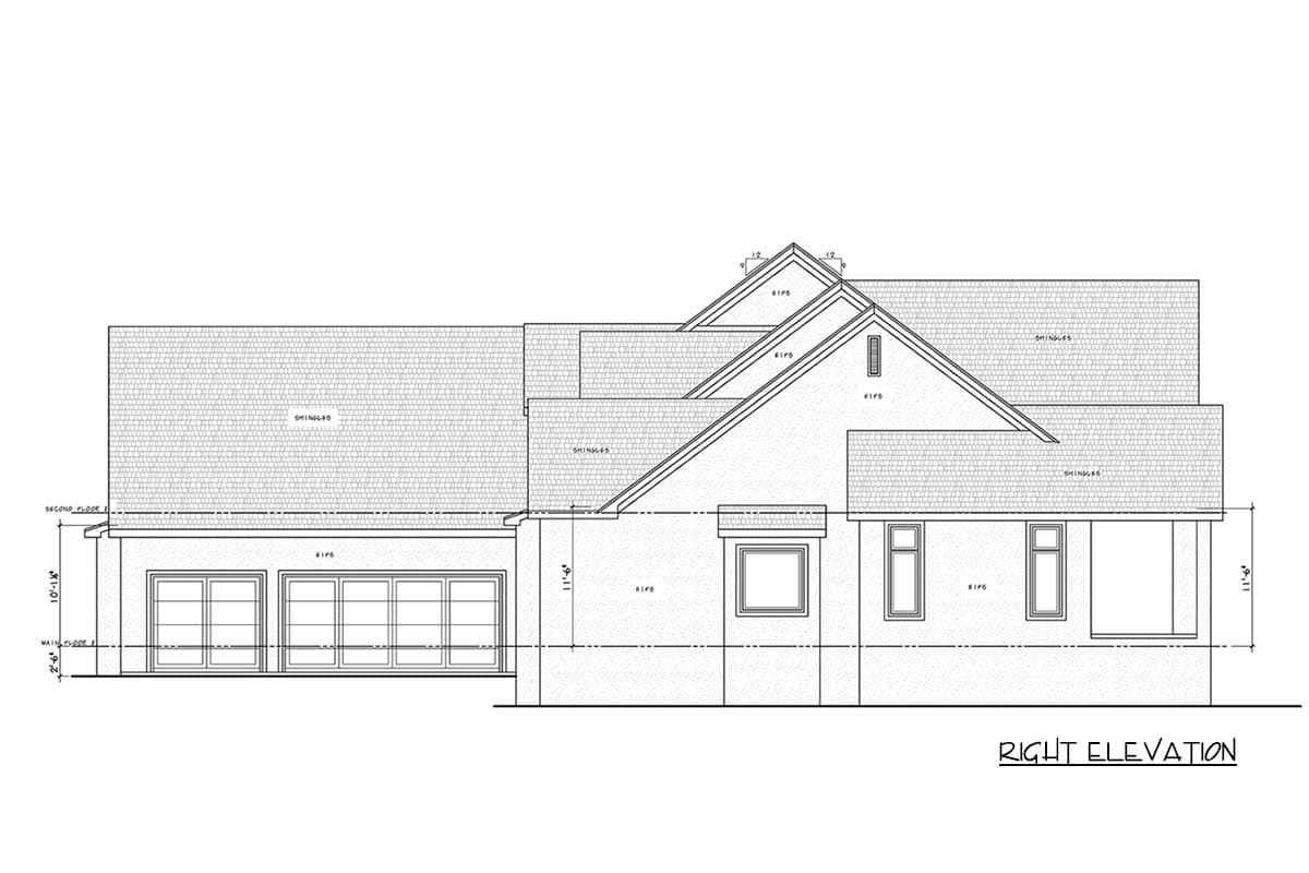 Right elevation house plan showing a multi-gabled roofline, attached garage with six doors, and multiple windows.