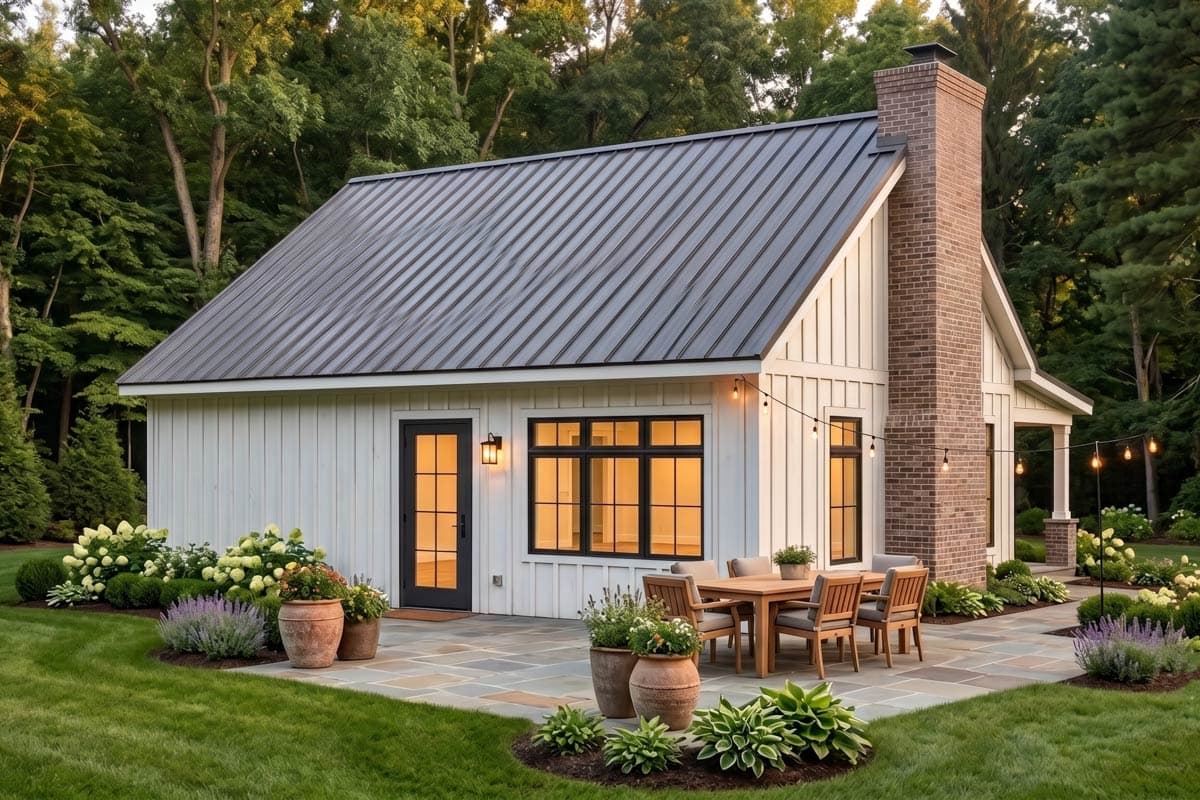 Modern farmhouse house plan exterior with white board and batten siding, metal roof, and brick chimney.