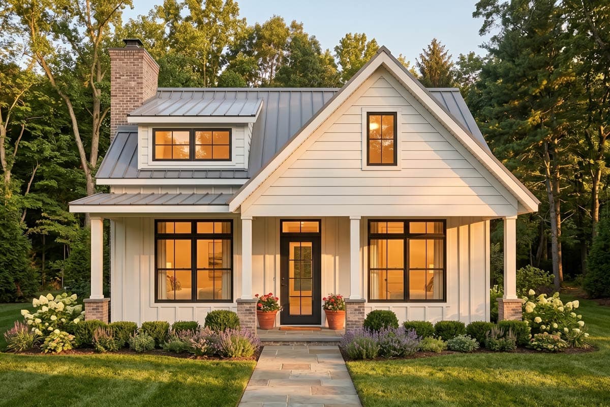 Modern Farmhouse house plan exterior with metal roof, dormer, gabled front, porch with square columns, and brick base.