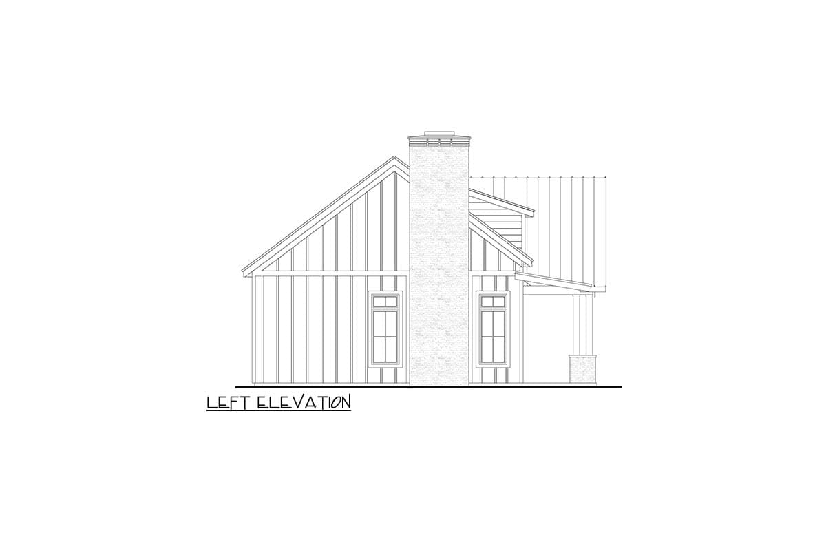 Left elevation house plan showing vertical siding, gabled roof, stone chimney, two windows, and a covered porch.