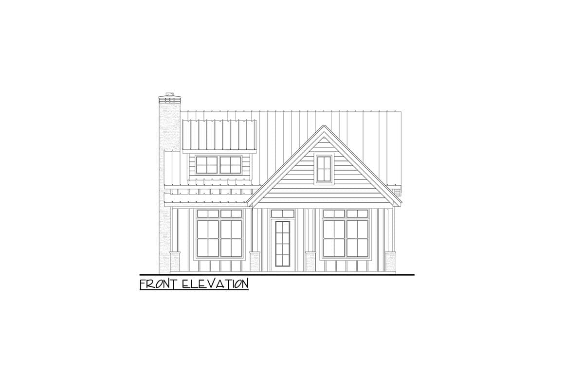 Front elevation drawing of a house plan featuring a gabled roof, metal roof, front porch with square columns, and a brick chimney.